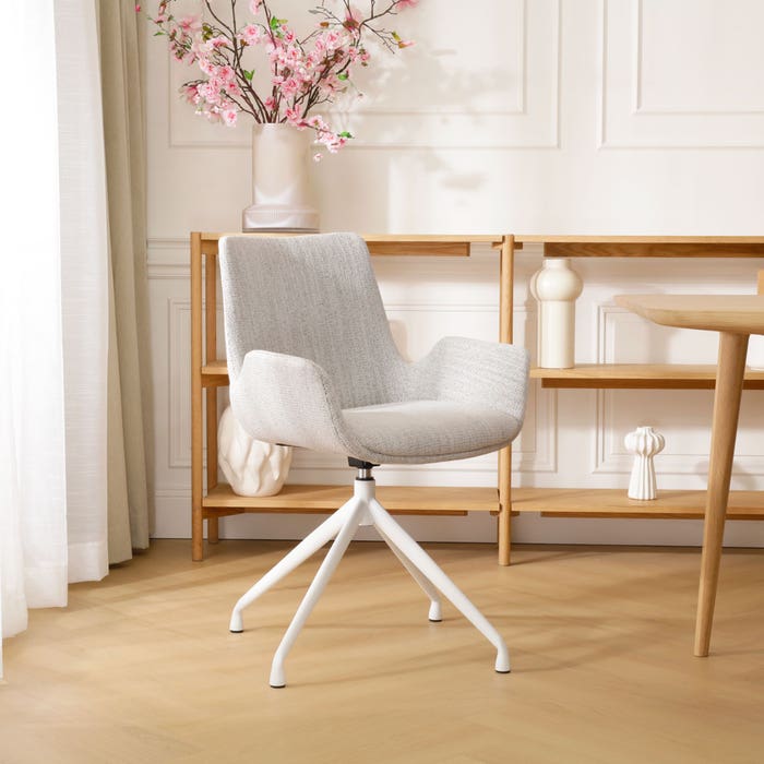 Nola-Eef draaibare eetkamerstoel beige gemêleerd - wit onderstel met armleuning - design - eettafelstoel - scandinavisch - luxe - stof - armstoel - crème