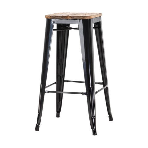 Metalen barkruk zwart - met houten zitting - 77 cm