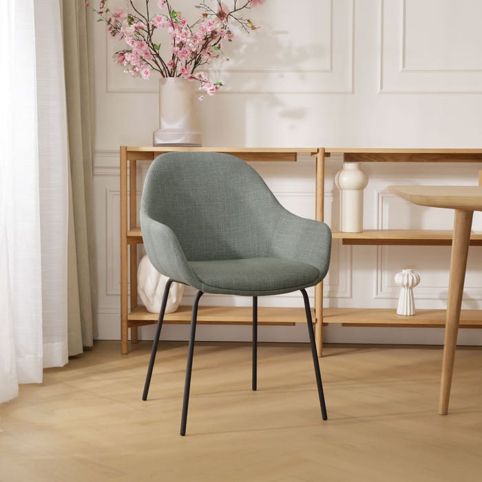 Nora-Mae eetkamerstoel groen - zwart onderstel met armleuning - eettafelstoel - scandinavisch - stof - armstoel - modern - comfortabele