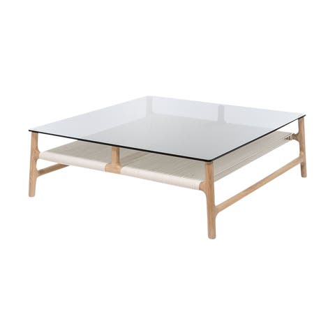 Fawn coffee table houten salontafel whitewash - met glazen tafelblad grey - 90 x 90 cm