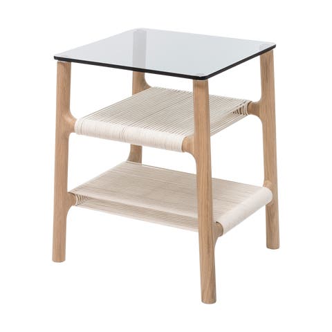 Fawn side table houten bijzettafel whitewash - met glazen tafelblad grey - 42 x 34 cm
