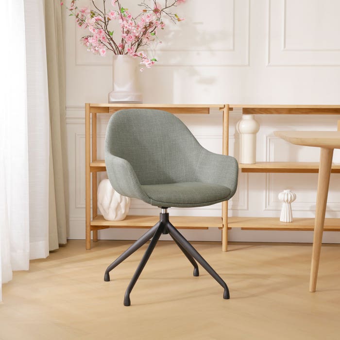 Nola-Mae draaibare eetkamerstoel groen - zwart onderstel met armleuning - design - stof - scandinavisch - japandi - luxe - armstoel - comfortabele