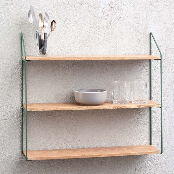 Cara houten wandrek met groen metaal - 60 x 54 cm - opbergrek