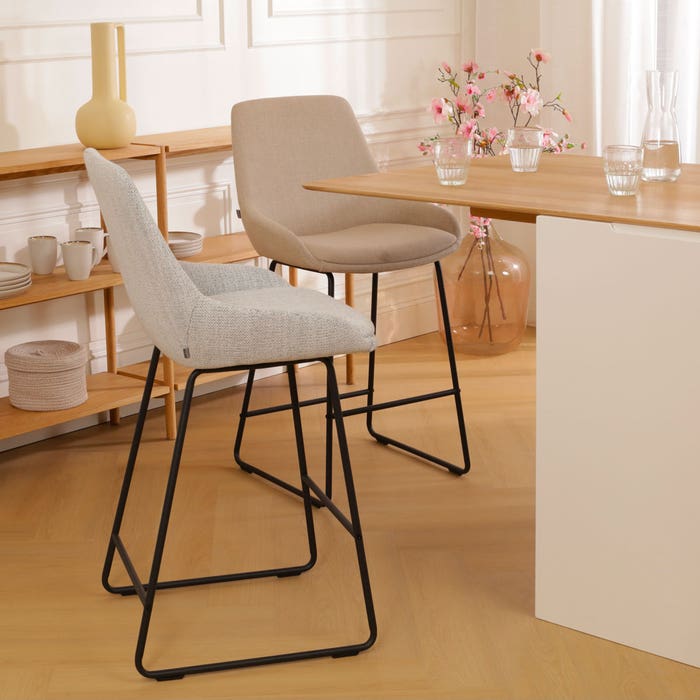 Nino-Isa barkruk beige gemêleerd - zwart onderstel - 75 cm barstoel - rugleuning - hoge - design - luxe - stof - modern - scandinavisch - creme