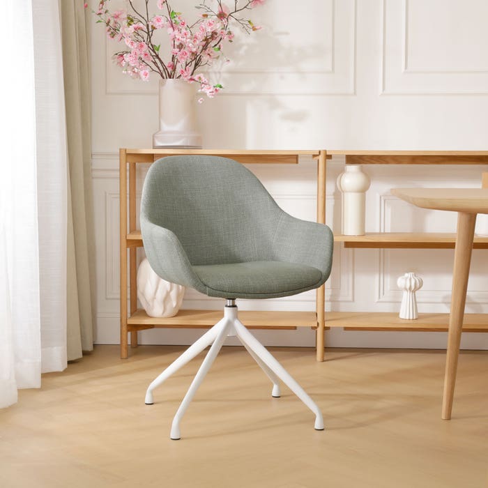 Nola-Mae draaibare eetkamerstoel groen - wit onderstel met armleuning - design - stof - scandinavisch - japandi - luxe - armstoel - comfortabele