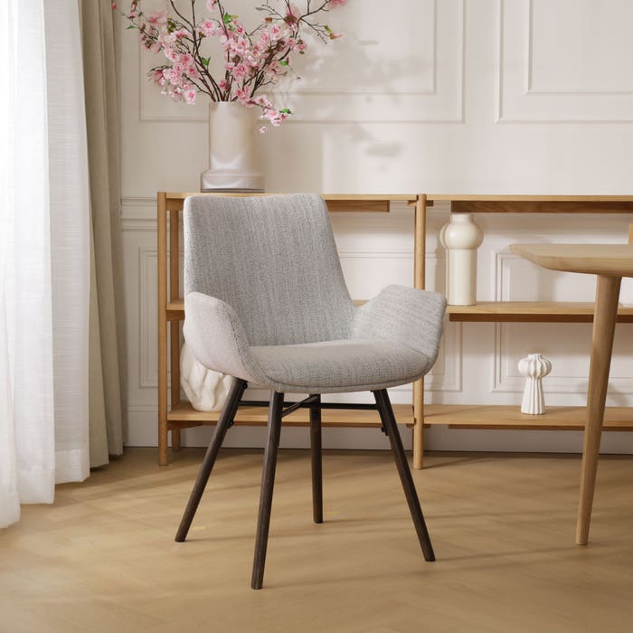 Nena-Eef eetkamerstoel beige gemêleerd - walnoot houten onderstel met armleuning - design - retro - scandinavisch - stof - luxe - modern - creme