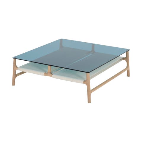Fawn coffee table houten salontafel whitewash - met glazen tafelblad petrol - 90 x 90 cm