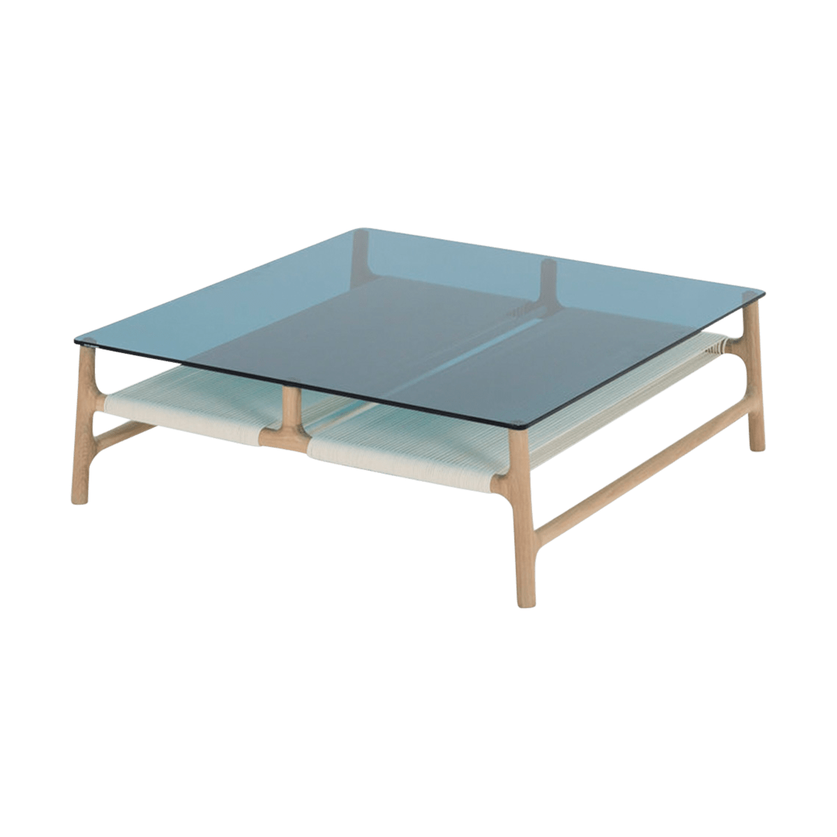 Fawn coffee table houten salontafel whitewash met glazen tafelblad petrol 90 x 90 cm