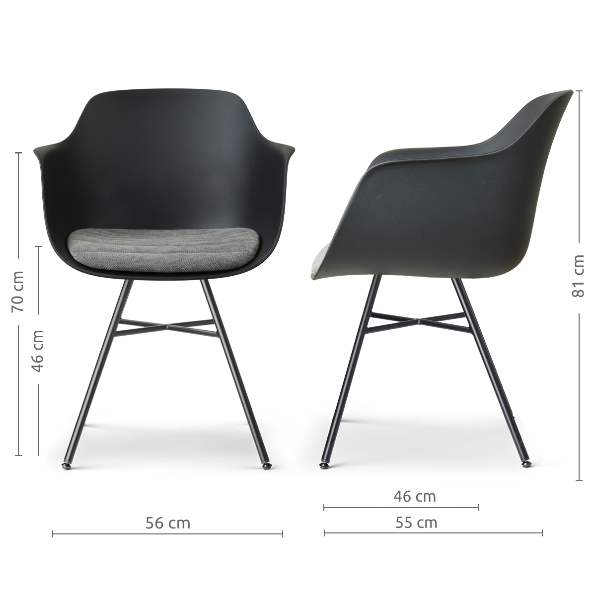 afmetingen van de Noa-Liz eetkamerstoel zwart met zeegrijs zitkussen - zwart onderstel