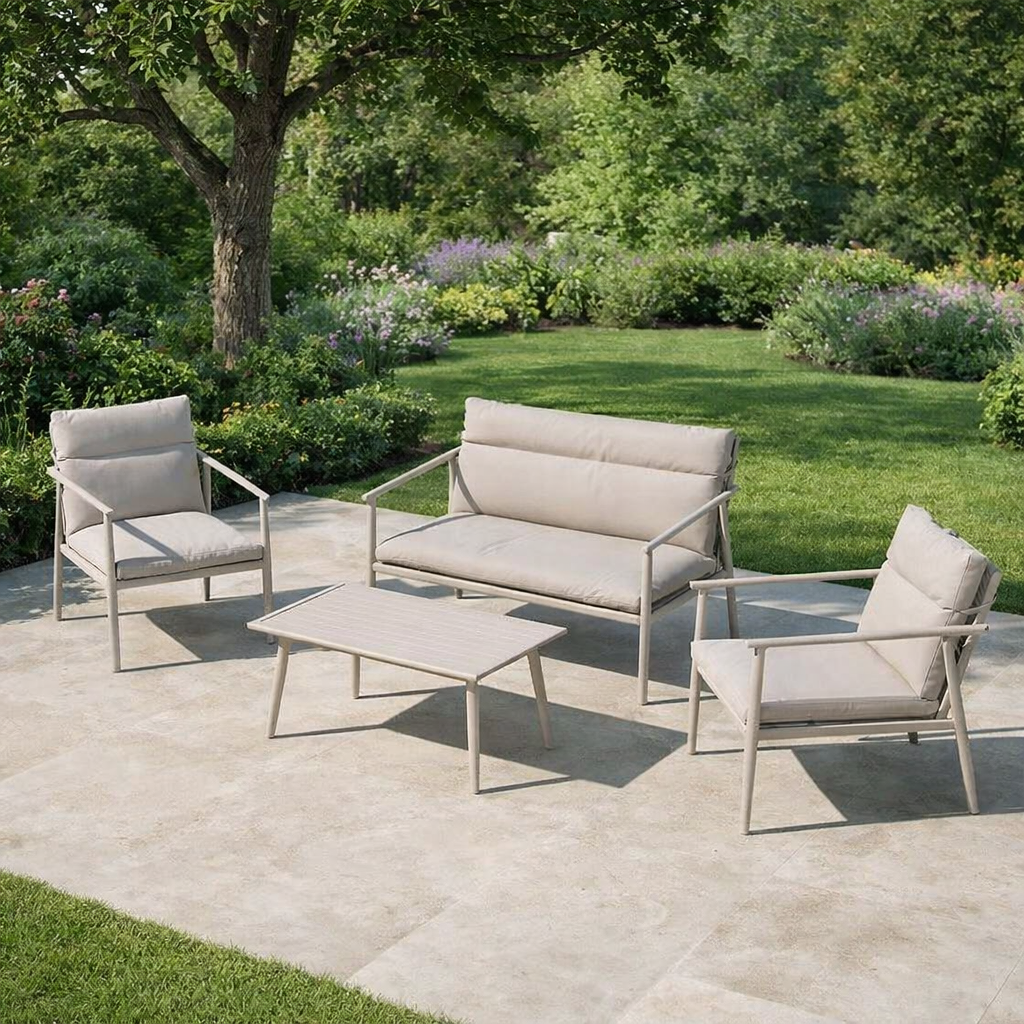 Margret tuin loungeset beige- tweezits bank, twee fauteuils en een salon tafel - met zitkussens tuinbank - tuinset - terras