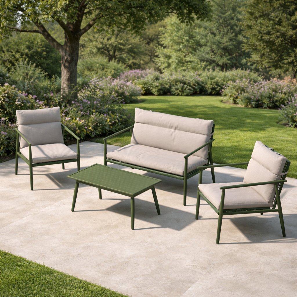 Margret tuin loungeset groen - tweezits bank, twee fauteuils en een salon tafel - met beige zitkussens buiten - terras - balkon