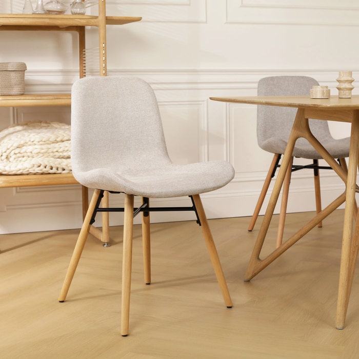 Nena-Fé eetkamerstoel beige - houten onderstel stof - scandinavisch - crème - naturel houten poten - lichtbruin - japandi - modern