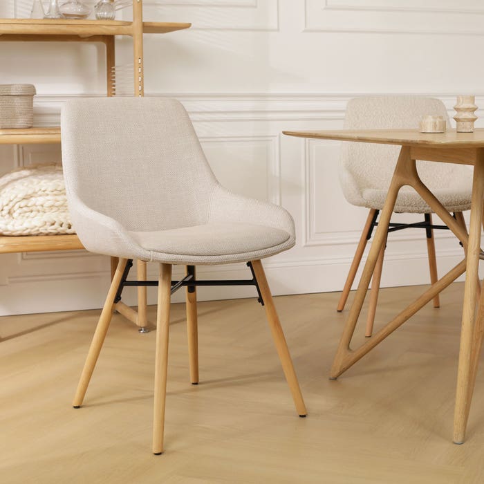 Nena-Isa eetkamerstoel beige - houten onderstel - set van 2 design - bruin - scandinavisch - luxe - stof - modern - naturel houten poten - set van 2