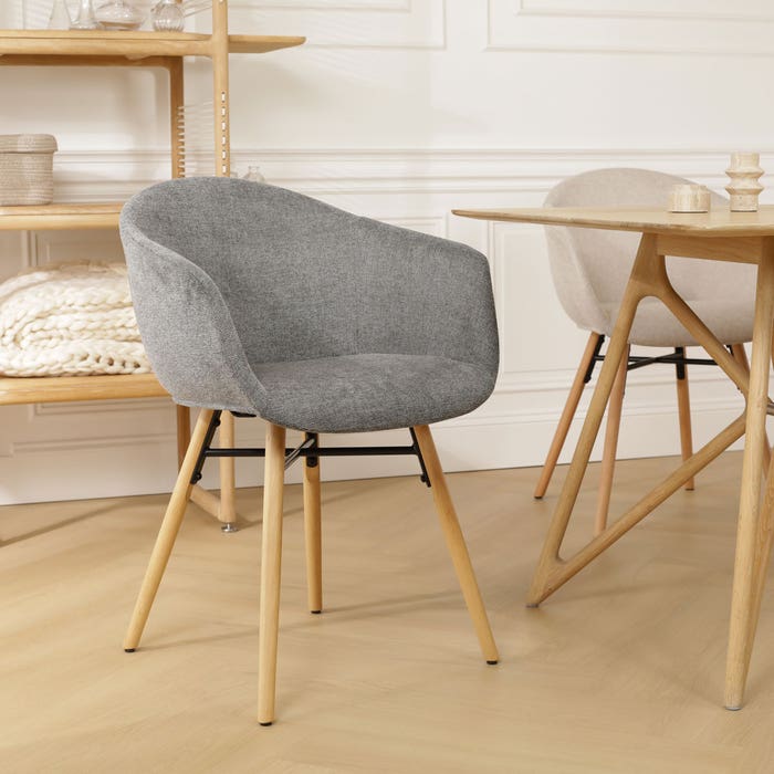 Nena-Otis eetkamerstoel donkergrijs - houten onderstel - set van 2 met armleuning - grijs - stoffen - armstoel - naturel houten poten - set van 2 - japandi - comfortabel