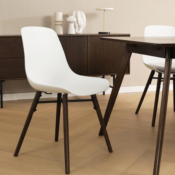 Nena-Pip eetkamerstoel wit - walnoot houten onderstel - set van 2 eetkamerstoel - scandinavisch - kunststof - kuip - naturel houten poten - walnoot - set van 2