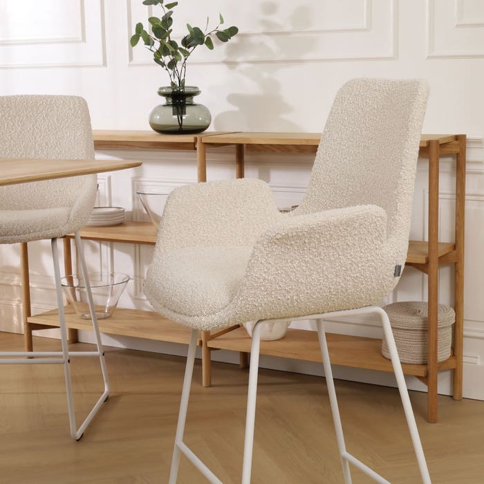 design barkruk bouclé beige - wit onderstel - 65 cm - Nino-Eef 