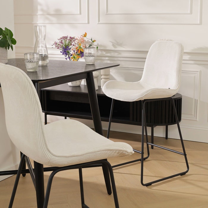 Nino-Fé barkruk rib crème - zwart onderstel - 65 cm - set van 2 barstoel - rugleuning - kookeiland - stof - zithoogte 65 cm - lage - scandinavisch - set van 2