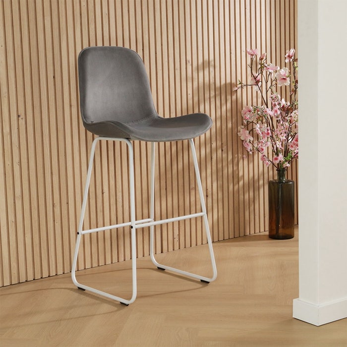 Nino-Fé barkruk velvet grijs - wit onderstel - 65 cm  - set van 2 barstoel - kookeiland - grijs - fluweel - zithoogte 65 cm - lage - scandinavisch - set van 2