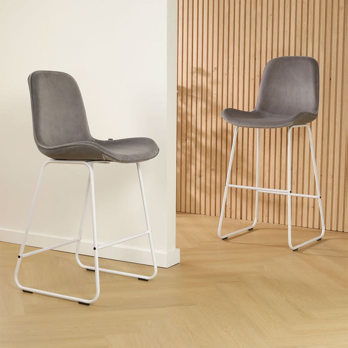 scandinavische barkruk velvet grijs - wit onderstel - 65 cm - Nino-Fé 