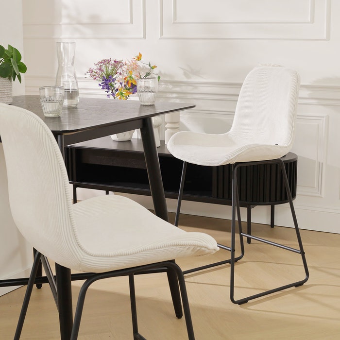 Nino-Fé barkruk rib crème - zwart onderstel - 75 cm - set van 2 barstoel - rugleuning - kookeiland - stof - zithoogte 75 cm - lage - scandinavisch - set van 2