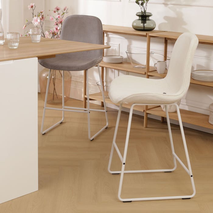 Nino-Fé barkruk rib creme - wit onderstel - 65 cm barstoel - rugleuning - kookeiland - stof - zithoogte 65 cm - lage - scandinavisch - ribstof