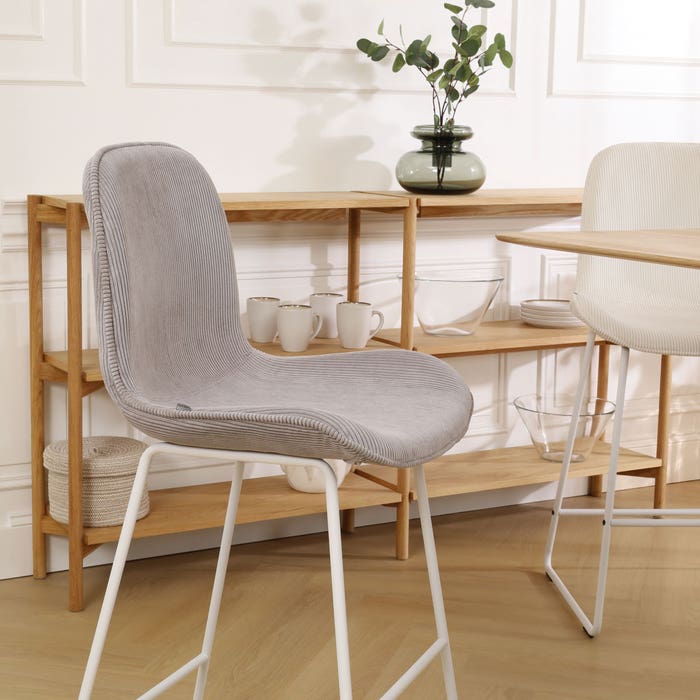 Nino-Fé barkruk rib warm grijs - wit onderstel - 75 cm barstoel - rugleuning - hoge - stof - scandinavisch - modern - ribstof