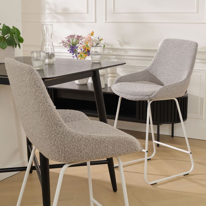 scandinavische hoge barkruk bouclé taupe - wit onderstel - 75 cm - Nino-Isa 