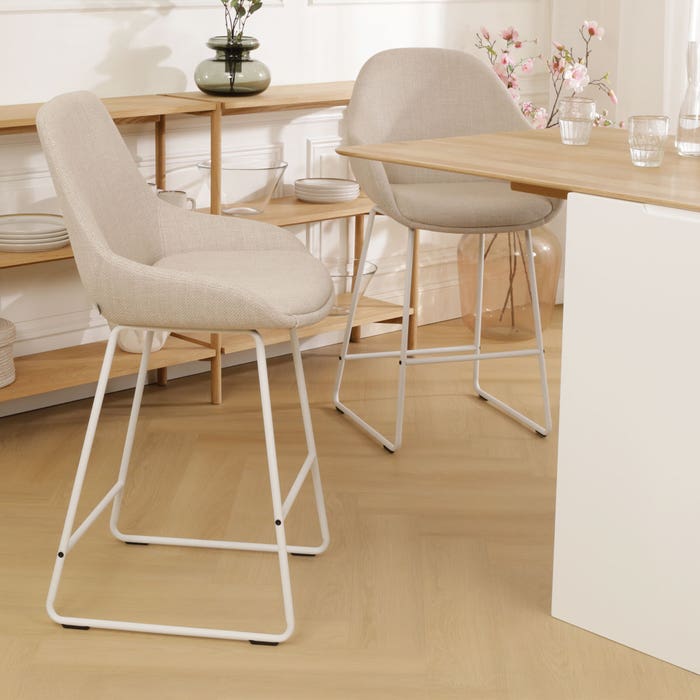 Nino-Isa barkruk beige - wit onderstel - 75 cm barstoel - rugleuning - kookeiland - hoge - design - luxe - stof - bruin - scandinavisch - modern