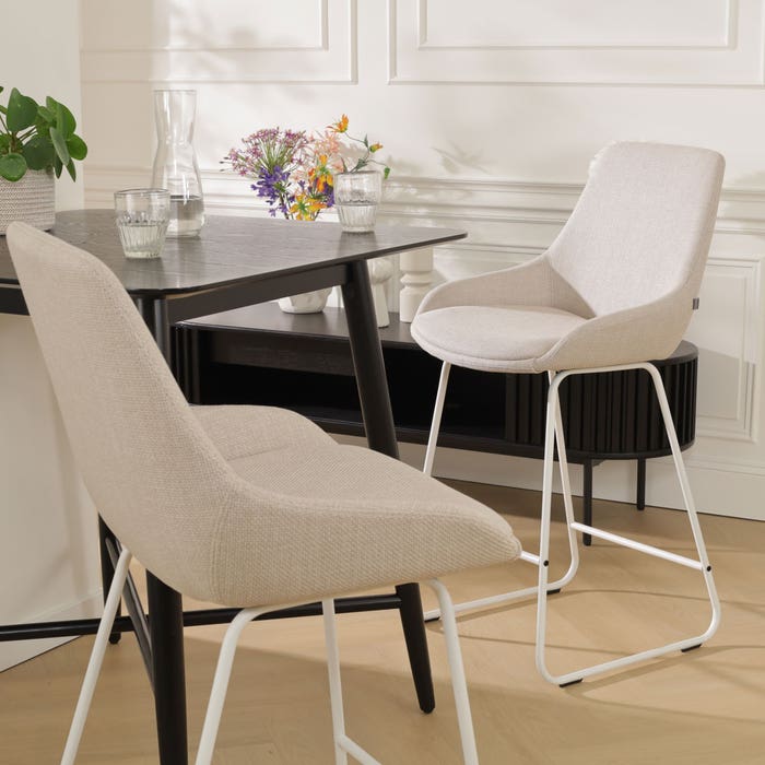 Nino-Isa barkruk beige - wit onderstel - 65 cm - set van 2 barstoel - rugleuning - voor kookeiland - design - luxe - stof - zithoogte 65 cm - scandinavisch - bruin - set van 2