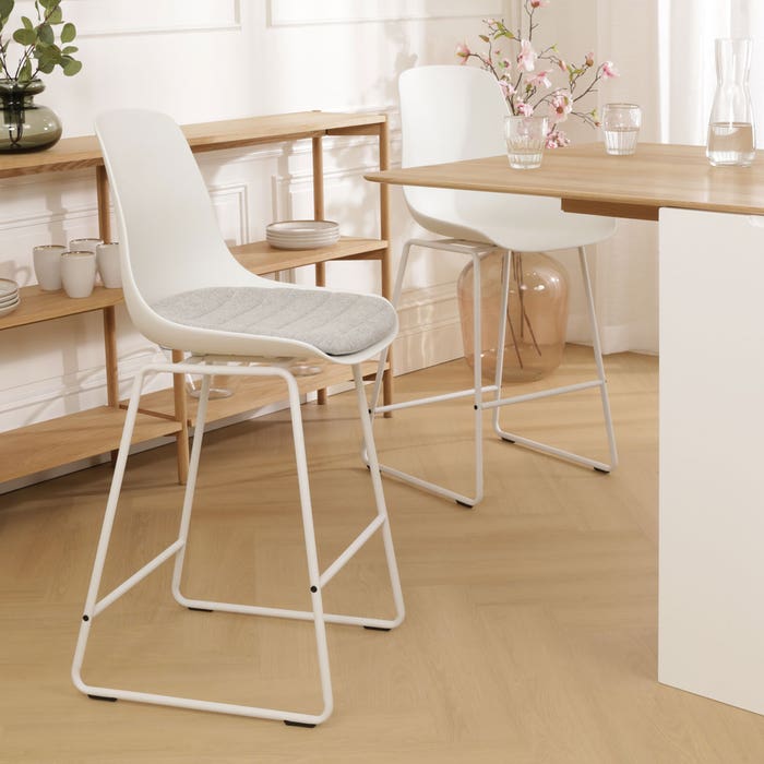Nino-Liv barkruk wit en lichtgrijs zitkussen - wit onderstel - 75 cm barstoel - rugleuning - kookeiland - kunststof - zithoogte 65 cm - hoge - scandinavisch