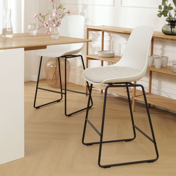 scandinavische barkruk wit met beige zitkussen - zwart onderstel - 75 cm Nino-Liv