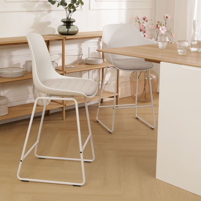 Nino-Liv barkruk wit en beige zitkussen - wit onderstel - 75 cm barstoel - rugleuning - kookeiland - kunststof - zithoogte 65 cm - hoge - scandinavisch