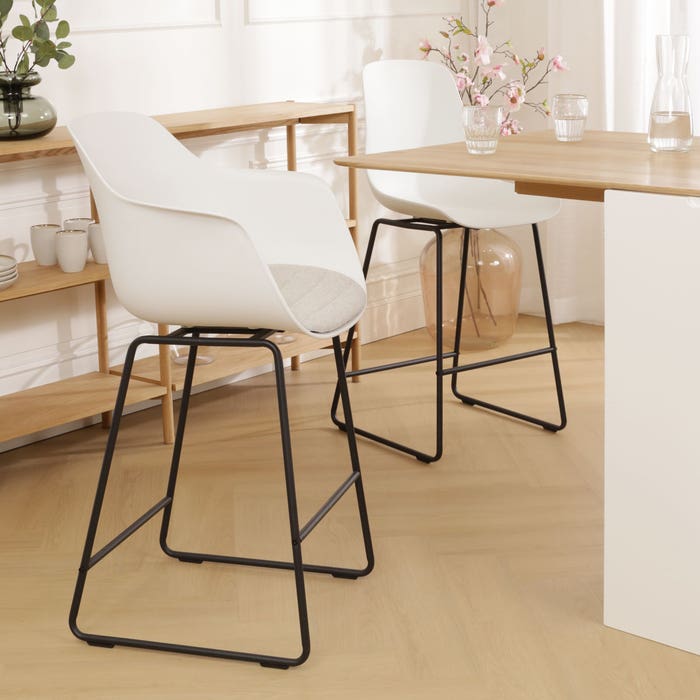 scandinavische barkruk wit met beige zitkussen - zwart onderstel - 75 cm Nino-Liz