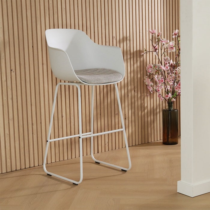 scandinavische barkruk wit en beige zitkussen - wit onderstel - 75 cm Nino-Liz