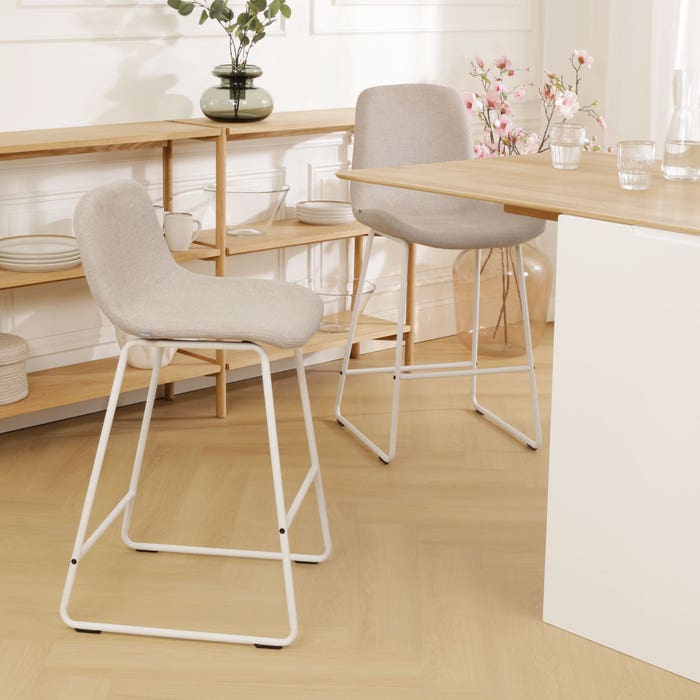 Nino-Mats barkruk beige - wit onderstel - 75 cm barstoel - hoge - stof - scandinavisch - modern - lichtbruin