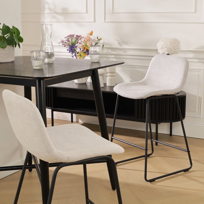 Nino-Mats barkruk beige - zwart onderstel - 75 cm - set van 2 barstoel - kookeiland - stof - zithoogte 65 cm - hoge - scandinavisch - set van 2