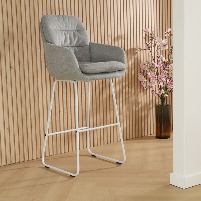 Nino-Mia barkruk grijs - wit onderstel - 65 cm - set van 2 barstoel - rugleuning - kookeiland - armleuning - luxe - stof - zithoogte 65 cm - scandinavisch - comfortabele - set van 2