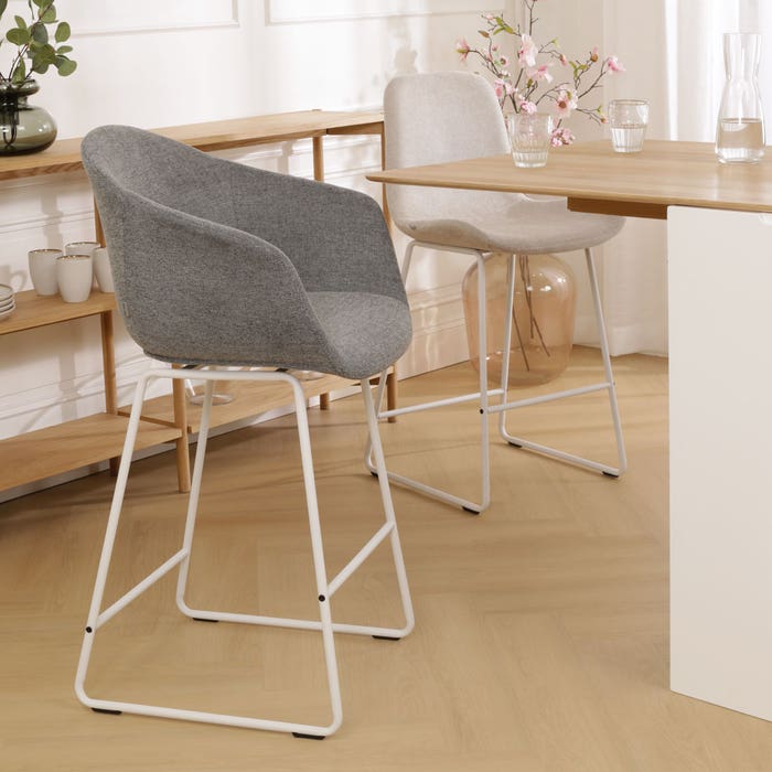 Nino-Otis barkruk donkergrijs - wit onderstel - 65 cm barstoel - rugleuning - kookeiland - armleuning - grijs - stof - japandi - scandinavisch
