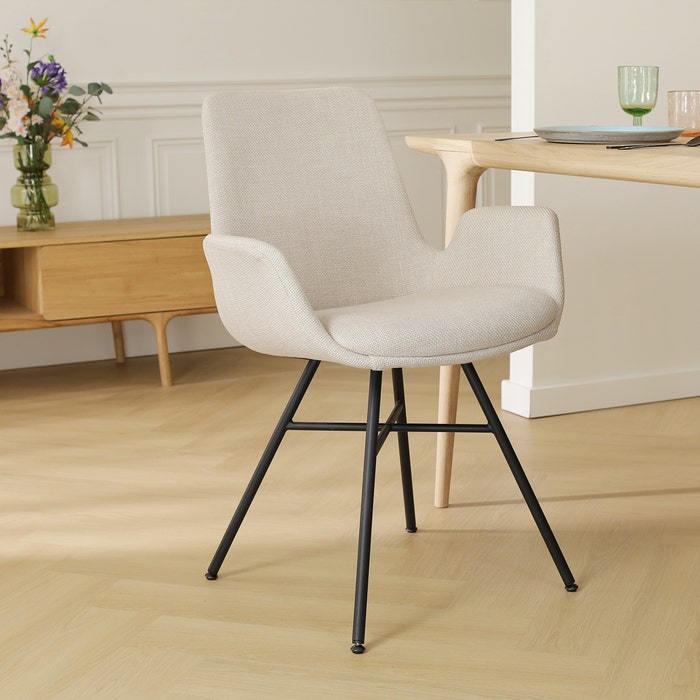 Noa-Eef eetkamerstoel beige - zwart onderstel met armleuning - design - bruin - scandinavisch - stof - luxe - armstoel - modern - zwarte poten