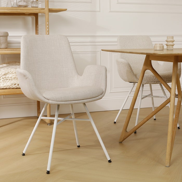 Noa-Eef eetkamerstoel beige - wit onderstel - set van 2 met armleuning - design - crème - scandinavisch - stof - luxe - armstoel - modern - zwarte poten - set van 2