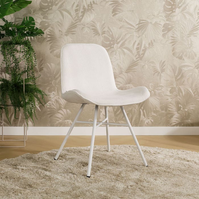 Noa-Fé eetkamerstoel rib creme - wit onderstel stof - scandinavisch - crème - modern - ribstof - witte poten - corduroy - elegant - minimalistisch