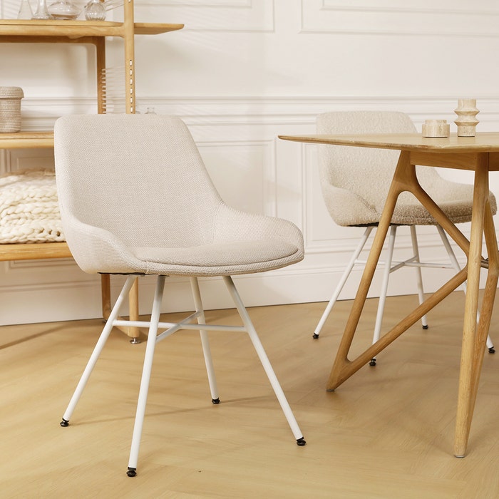 Noa-Isa eetkamerstoel beige - wit onderstel design - scandinavisch - bruin - stof - luxe - modern - witte poten