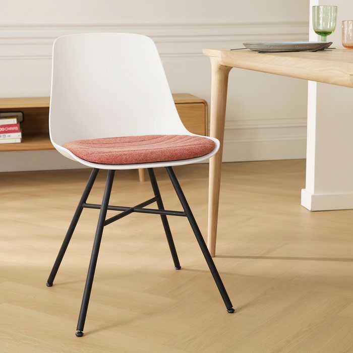 Noa-Liv eetkamerstoel wit met terracotta rood zitkussen - zwart onderstel kunststof - vast stoelkussen - eetkamerstoel - keukenstoel