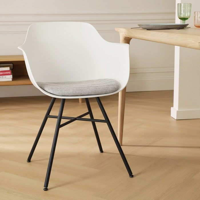 Noa-Liz eetkamerstoel wit met lichtgrijs zitkussen - zwart onderstel armstoel - eetkamerstoel - met armleuning - kunststof - zwarte poten