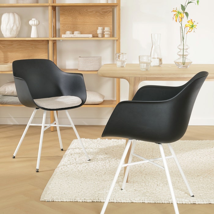 scandinavische eetkamerstoel zwart met beige zitkussen - wit onderstel Noa-Liz 