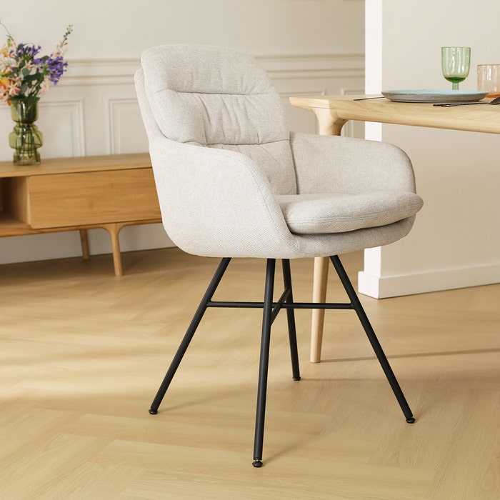 Noa-Mia eetkamerstoel beige - zwart onderstel - set van 2 met armleuning - stof - scandinavisch - luxe - armstoel - crème - hoge rugleuning - comfortabele - lichtbruin