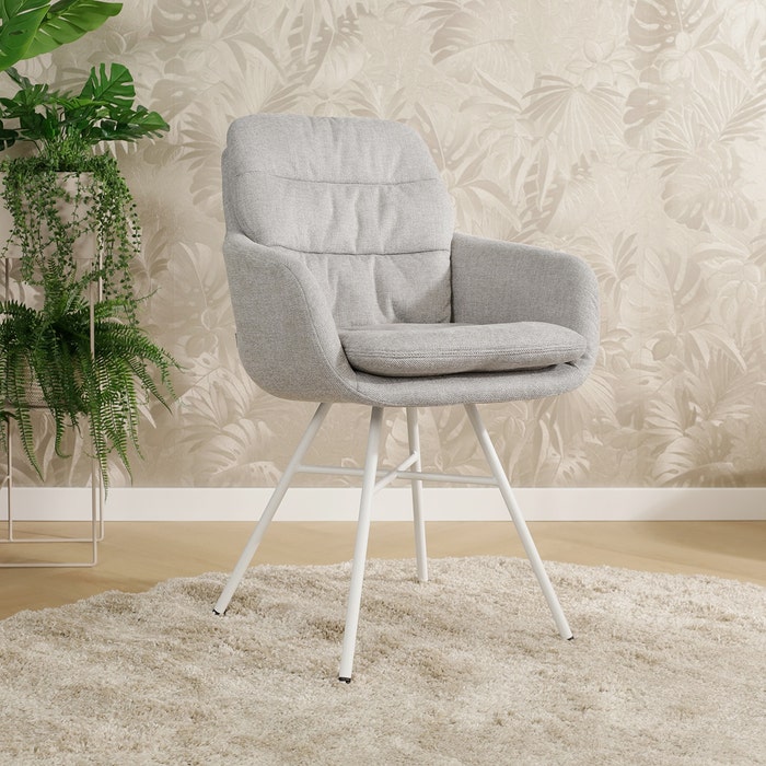 Noa-Mia eetkamerstoel grijs - wit onderstel - set van 2 met armleuning - stof - luxe - armstoel - hoge rugleuning scandinavisch - comfortabele