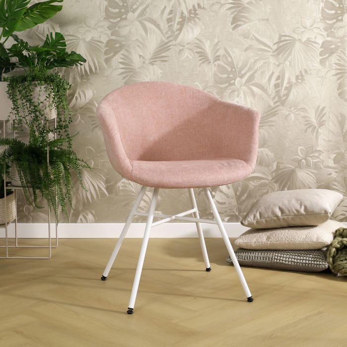 Noa-Otis eetkamerstoel zacht roze - wit onderstel met armleuning - stoffen - armstoel - modern - lichtroze - japandi - comfortabel