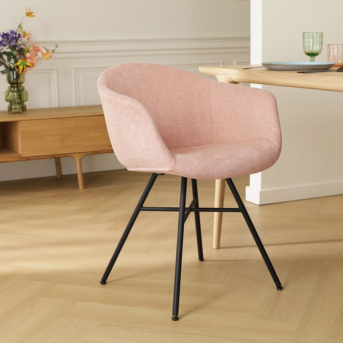 Noa-Otis eetkamerstoel zacht roze - zwart onderstel - set van 2 met armleuning - stoffen - armstoel - modern - lichtroze - set van 2