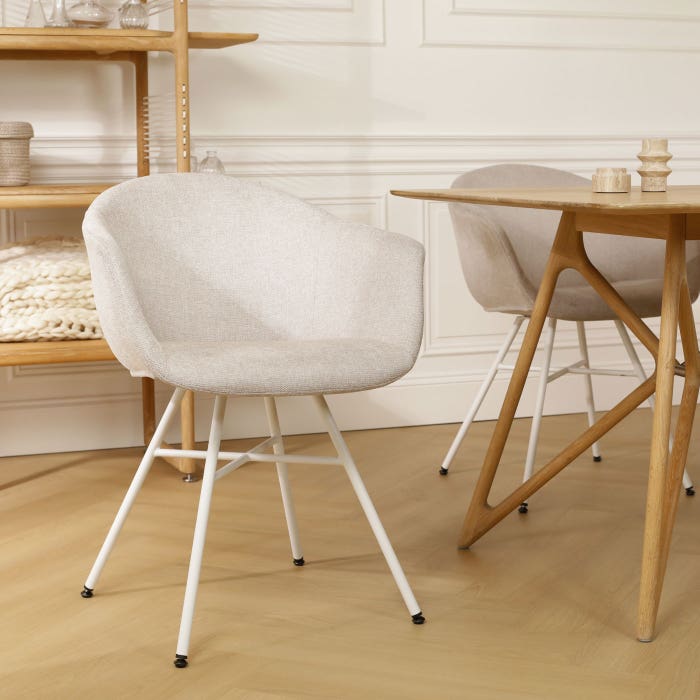 Noa-Otis eetkamerstoel beige - wit onderstel met armleuning - stoffen - armstoel - modern - creme - japandi - comfortabel